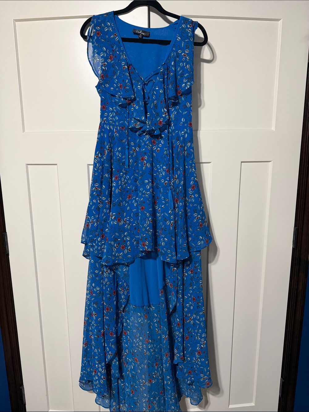 Lulus Blue Floral High-Low Ruffle Maxi Dress.